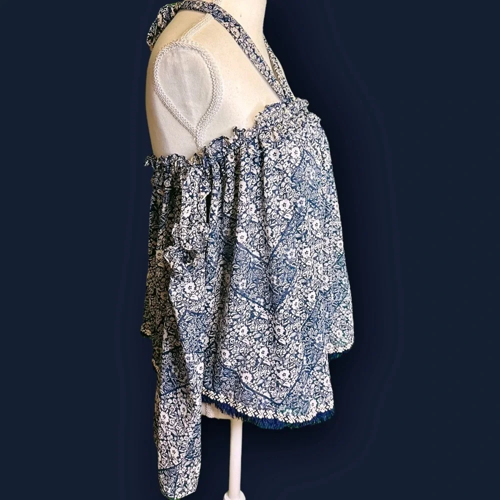 Misa Los Angeles Blue Floral Print ‘Livey’ Off The Shoulder Tie-Neck Top Size XS